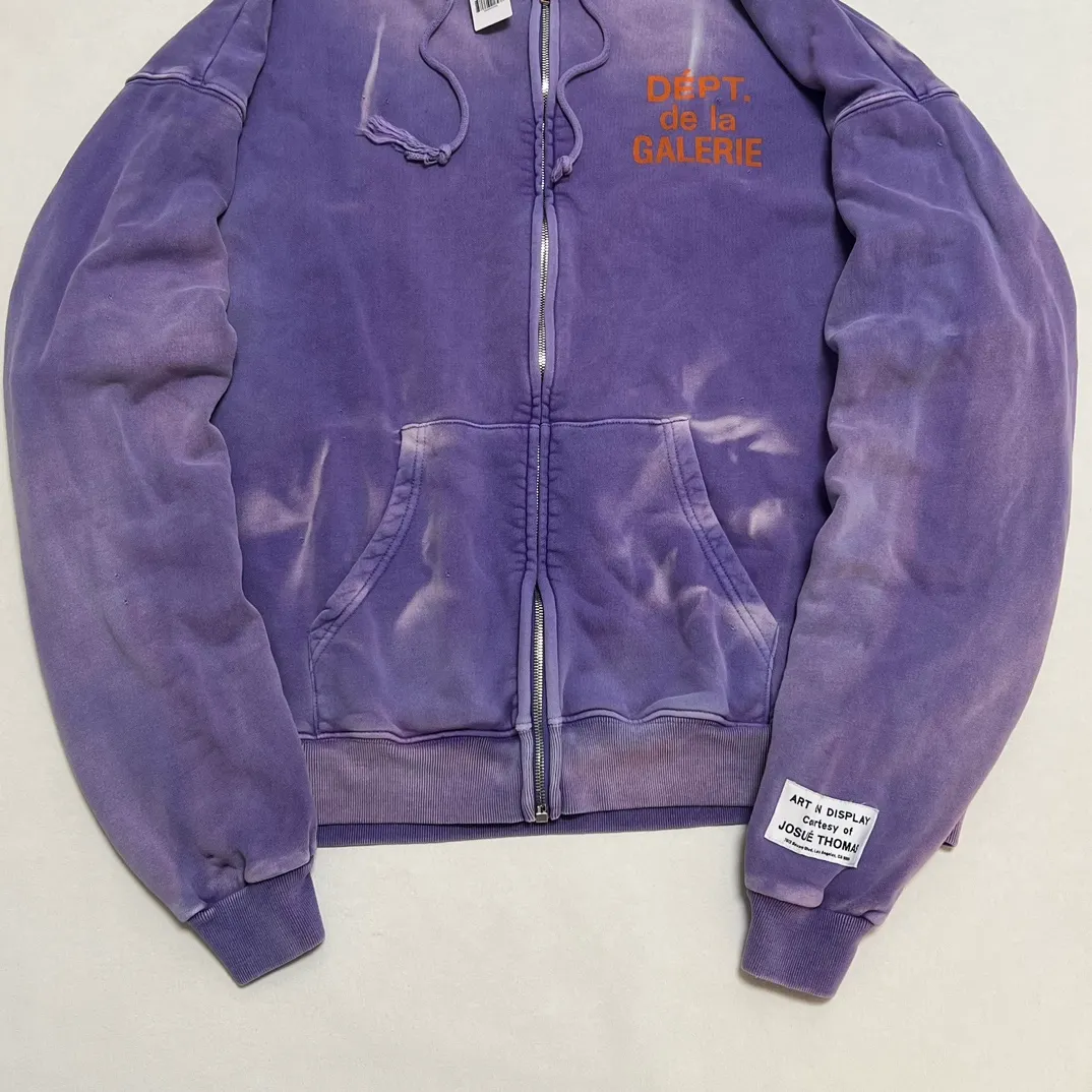 The same style as the owner GALLERY DEPT. FRENCH ZIP HOODIE water corrugated French zipper hole hoodie, sun washed purple, washed purple S-XL, ready-to-wear dyeing, hand-stitched and heavy-weighted, faded, super-heavy washing, hand-hanging holes, bone edges turned white, molded and customized with G LOGO zipper